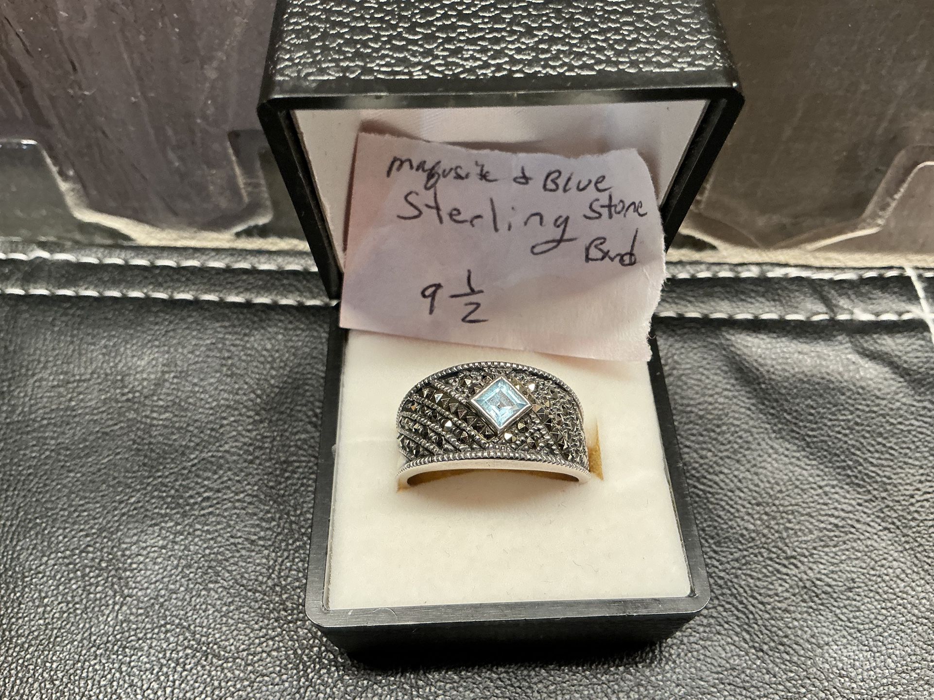 Sterling Silver Ring With Light Blue Stone And Marcasite Stones