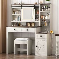 Farmhouse 47" Large Makeup Vanity Desk with Glass Tabletop, White Vanity with Sliding Mirror and Lights, Vanity Set with Stool