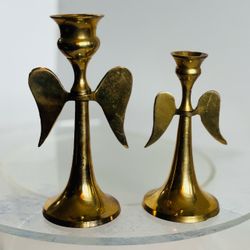 Vintage Solid Brass Gold Angel Candlestick Holders Set Of 2 Small ChristmasDecor