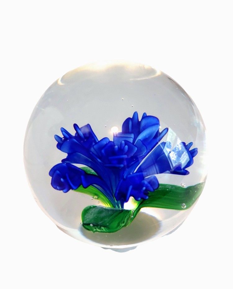 Art Glass Clear Paperweight With Cobalt Blue Roses