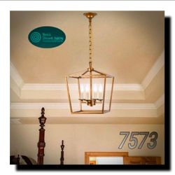A1A9 Brushed Gold Lantern Chandelier Fixture, 4-Light Farmhouse Pendant