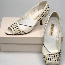 Ottorino Bossi Shoes Women's 39EU/8.5US Peep Toe Pumps Woven Italy Vintage 80s