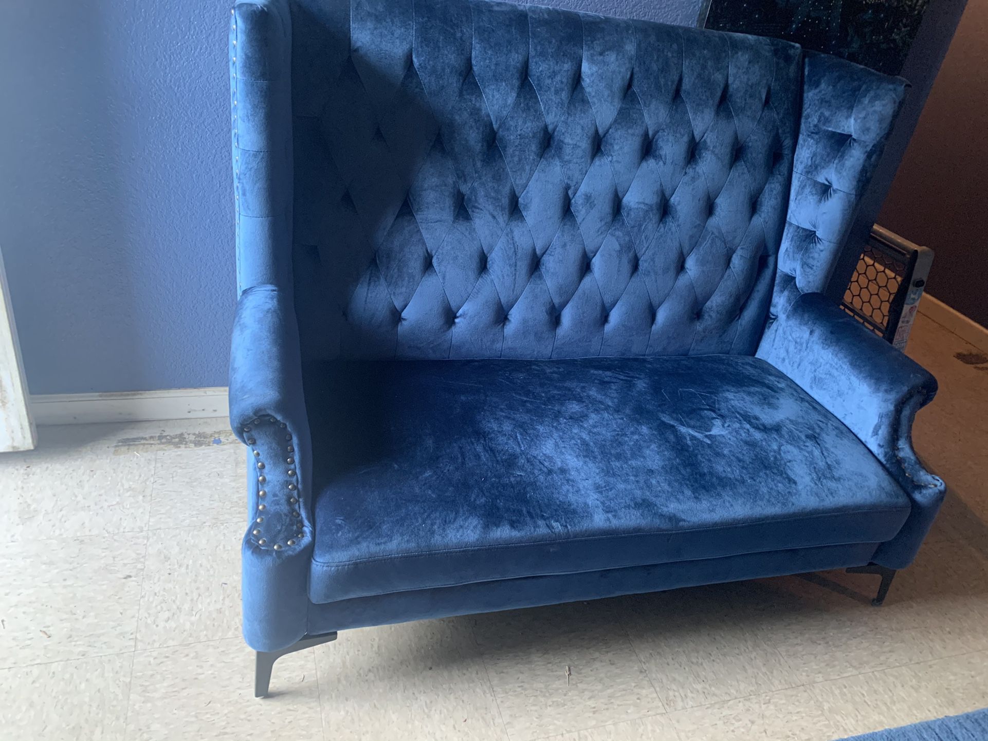 Beautiful Velvet Blue Matching Sofa Seat With Round Ottoman $450 OBO