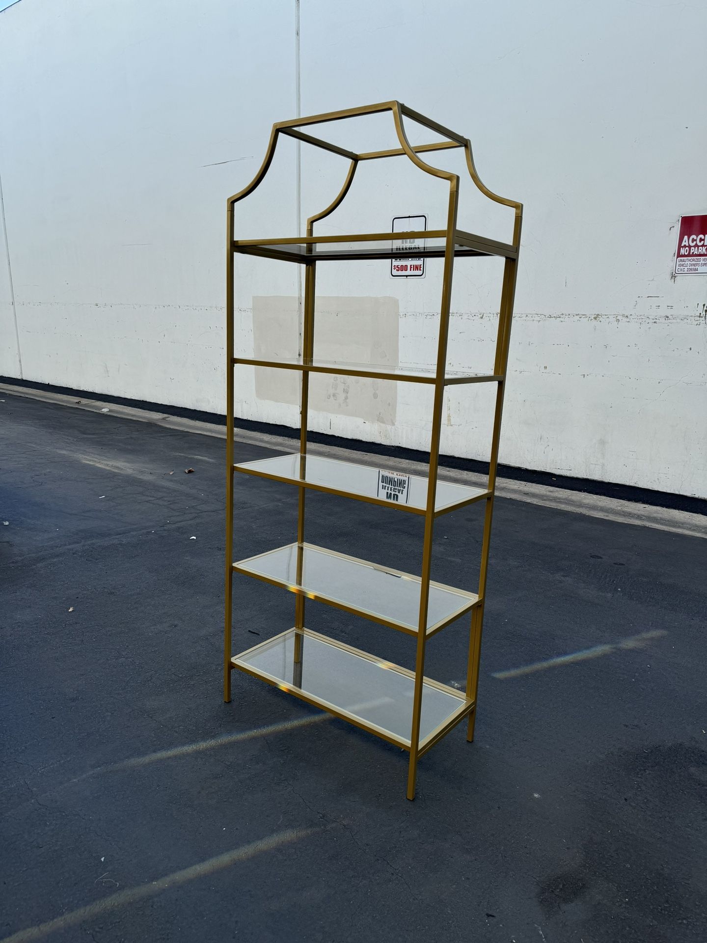 Tall Glass Shelf Etagere Bookcase Shelf Unit Gold Metal Excellent Condition Like New 