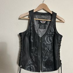 VTG Y2K HARLEY DAVIDSON STUDDED EMBROIDERED BLACK BIKER WOMENS VEST SIZE MEDIUM 