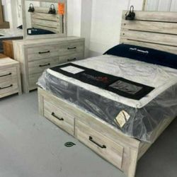 WHITE STORAGE BEDROOM SET 4 PIECES (QB, DRESSER, MIRROR AND NIGHTSTAND)