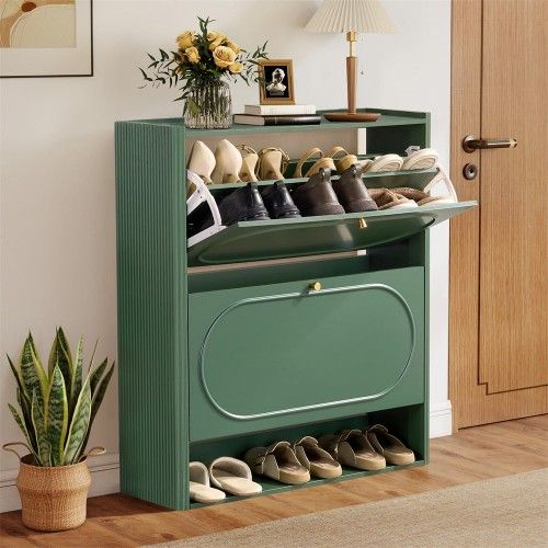 Shoe Cabinet, Freestanding Wood Fluted with 2 Flip Drawers Hidden Shoe Organizer, NEW