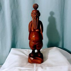 Chinese Statue Hand Carved Wood Bearded Old Wise Man.Vtg & Antique.