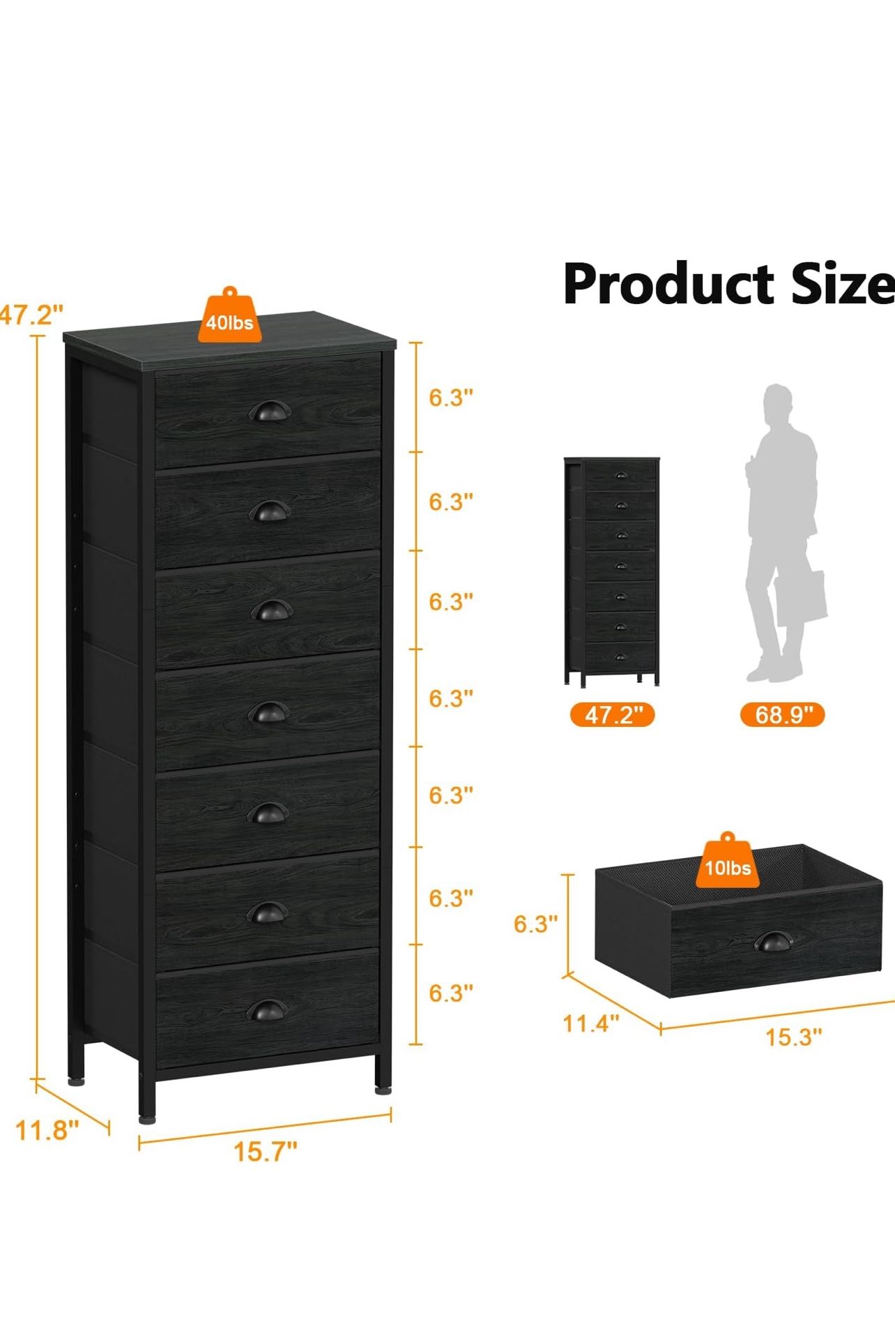Furnulem 7 Fabric Drawer Dresser In Black