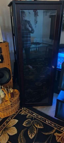 Tall Dark Wood Glass Door Display Cabinet