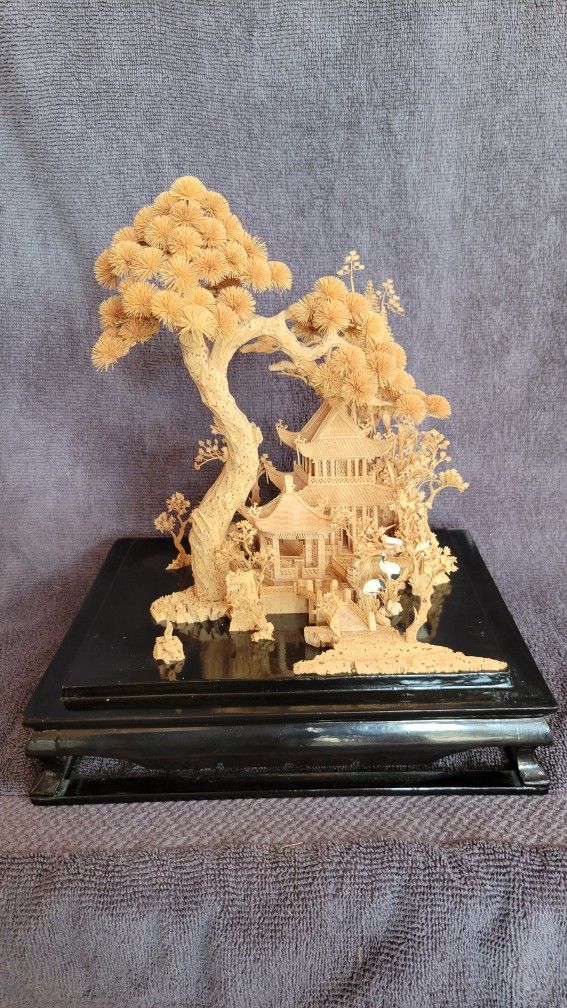 Vintage JAPANESE CORK LANDSCAPE Late 19th c. Deep Dimensional Carved Cork Landscape excellent condition