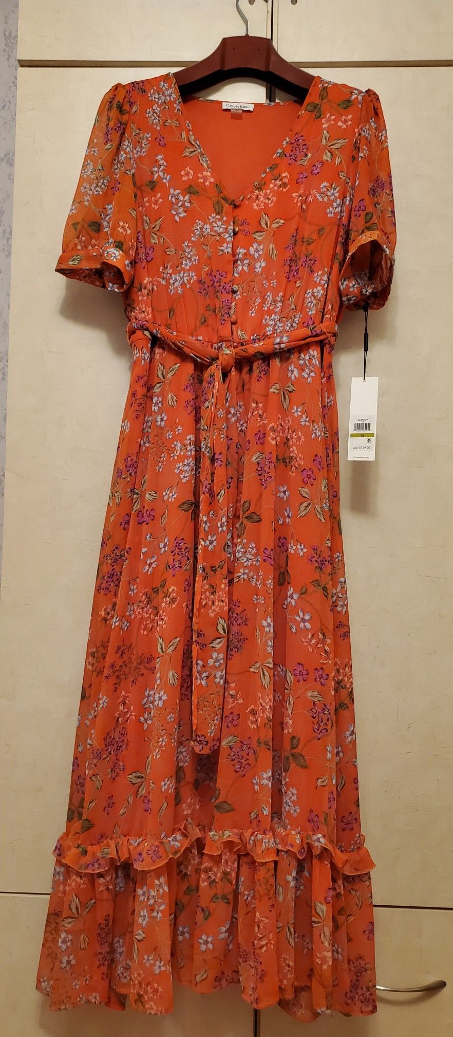calvin klein orange maxi dress Calvin Klein Women White Orange Floral Flutter Sleeve Maxi Dress Size 14W