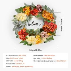 35] Artificial Decorative Wreath, 24 in, Red Orange Yellow, Decorated with Hydrangeas, Roses, Wooden Sign, Year Round Wreath for All Seasons Indoor an