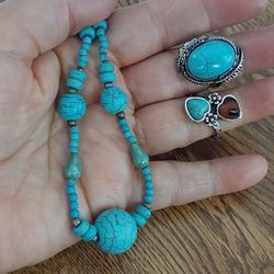 One Turquoise Necklace and two Rings