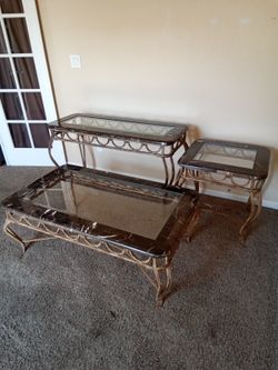3 Marble Tables With Glass Top And Wrought Iron Base 