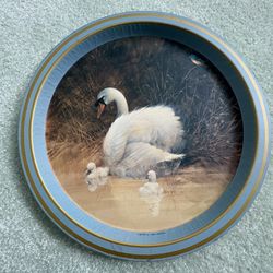 Vintage Round Metal Serving Tray With A Swan And Cygnets With A 13” Diameter