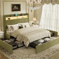 Queen Size Upholstered Platform Bed Frame with 3 Spacious Storage Drawers, Built-in LED Lights & Charging Station, Vertical Tufted Headboard with Shel