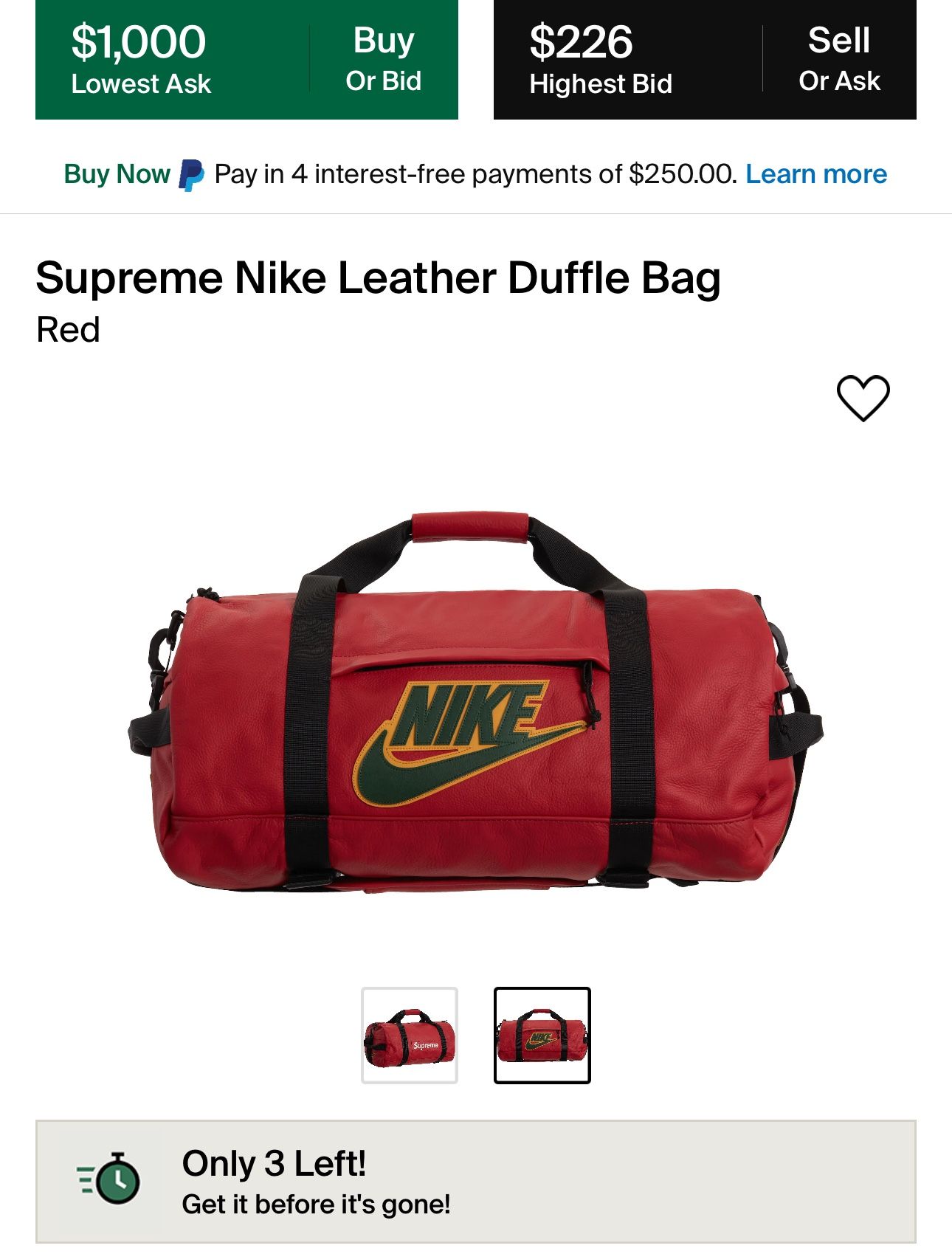 Supreme x Nike Leather Duffle Bag( Red)