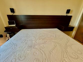 Moving Sale - floating king bed headboard, 14” gel memory mattress, box spring and bed rails