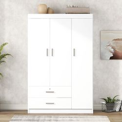 41" (W) White 3-Door Wardrobe Closet / Armoire w/ 2-Drawers (Lockable) / Storage / Hanging Rod [NEW] **Retails for $400 <Assembly Req>