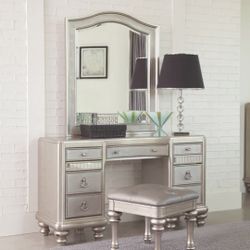 Elegant Silver Vanity Set with Mirror & Stool