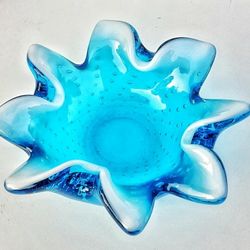 MCM Blue Italian Murano Controlled Bubble Art Glass Floral Petal Bowl W Opalescent Rim
