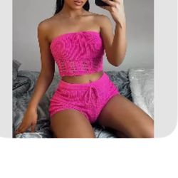 WeirdPuss Pink Crochet Tube Top & Drawstring Shorts Two Piece Set for Women Size Small