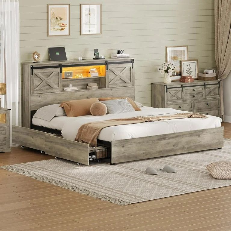 Hasuit Farmhouse Bed Frame California King Size with 4 Storage Drawers, Wooden Platform Cal King Beds with Charging Station and LED Lights, Rustic Bed
