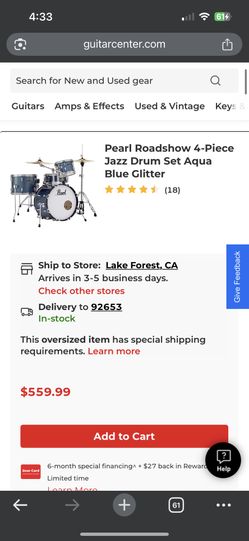 Pearl Roadshow Jazz Drum Kit Aqua Blue