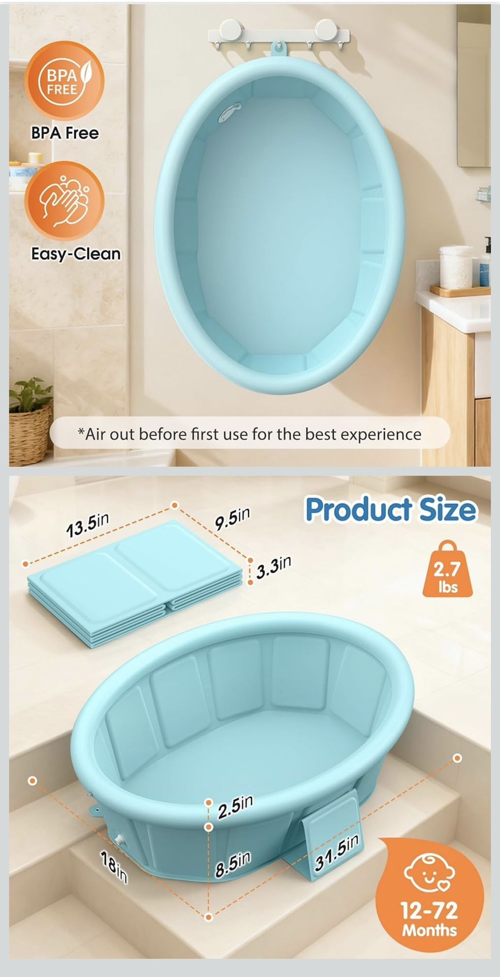 Brand New Baby Bathtub with Inflatable Top Edge, Extra Stable Infant Bath Tub, Collapsible & Portable for Baby Bath Time, No Tilt Design for 12M-6Y Ne