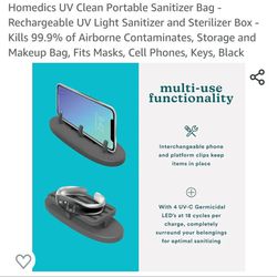 Homedics UV Clean Portable Sanitizer Bag - Rechargeable UV Light Sanitizer Kills 99.9% Black