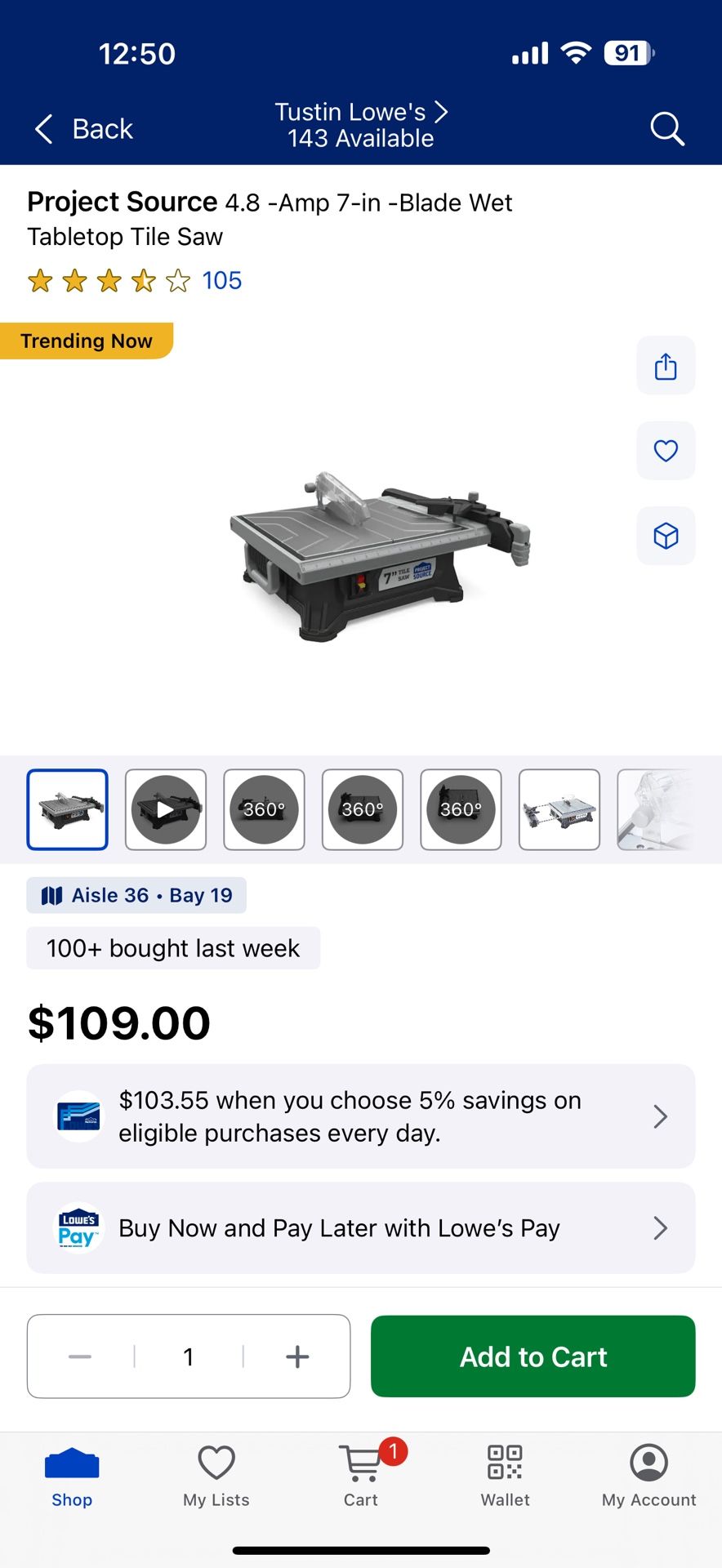 Project Source 4.8 -Amp 7-in -Blade Wet Tabletop Tile Saw