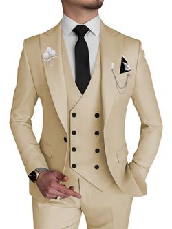 Wangyue Men's Suit, 3Pc Slim Fit Plus Size Suit, Solid Champagne, Dry Clean Only, Regular, M