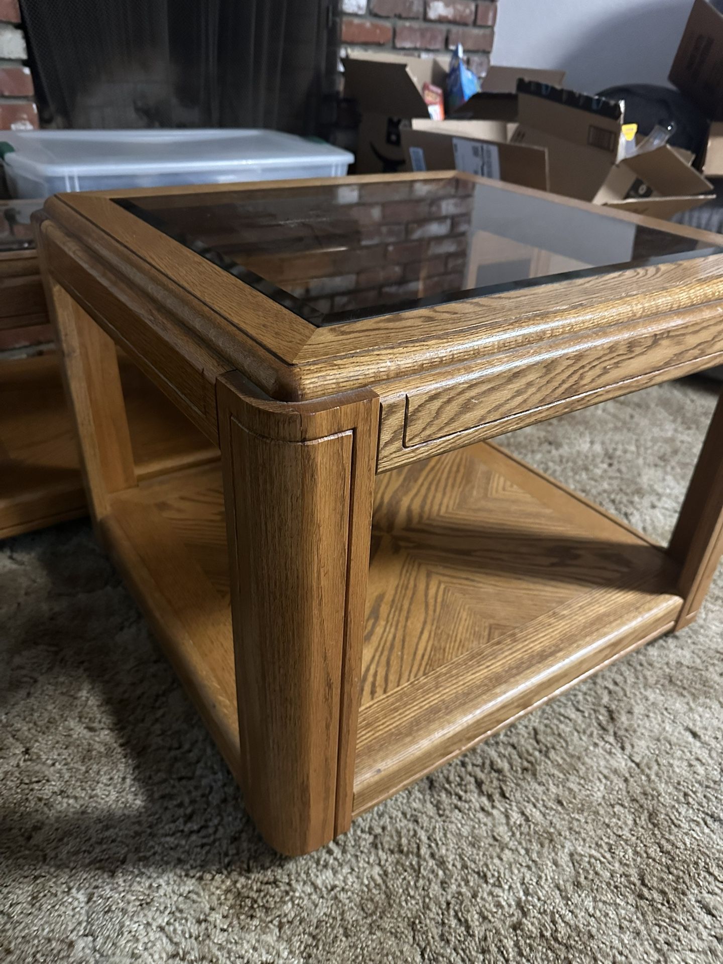 Wood End And Coffee Table With Glass Top