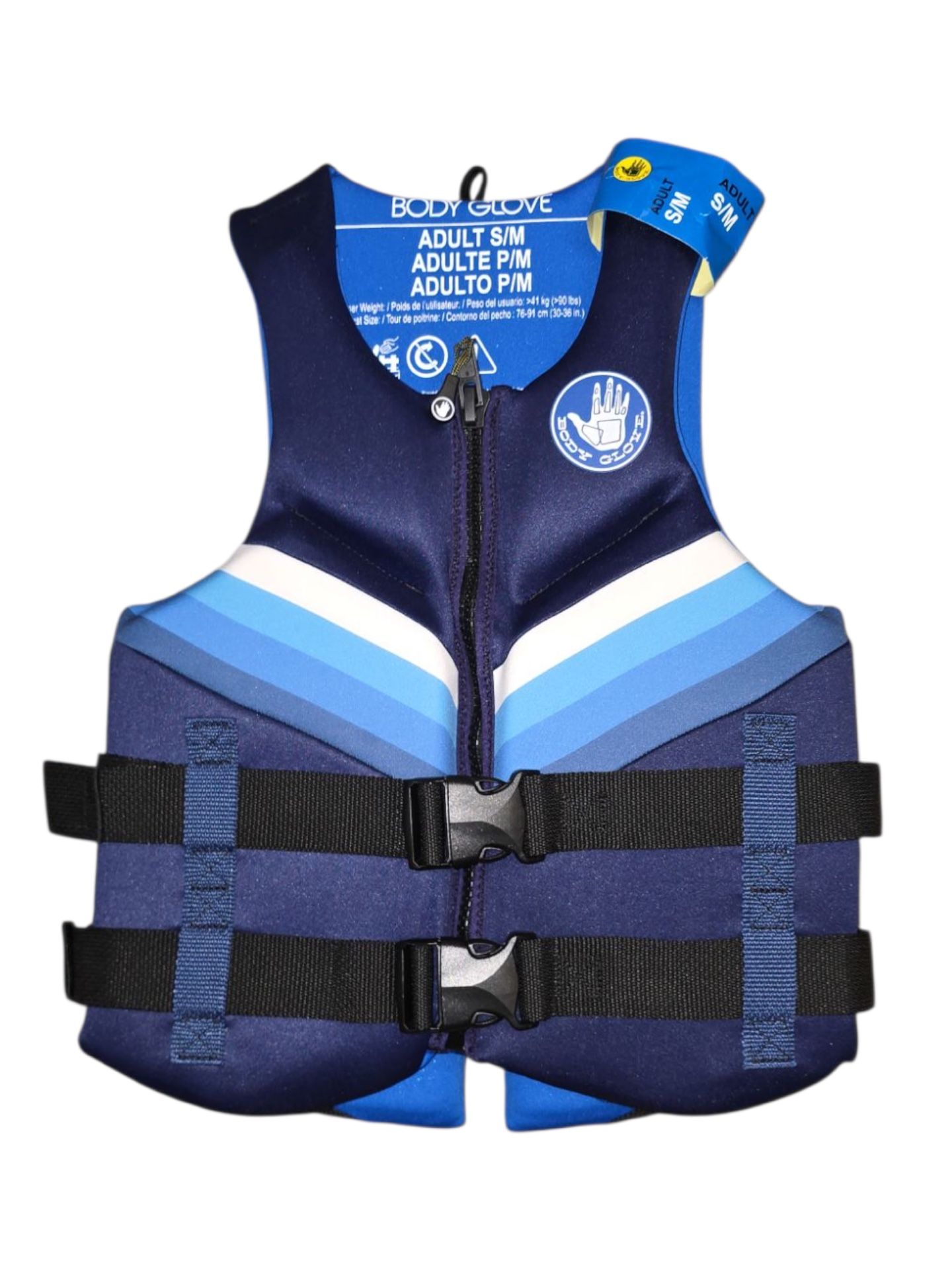 Navy life vest by Body Glove. Features white accents and secure black straps.