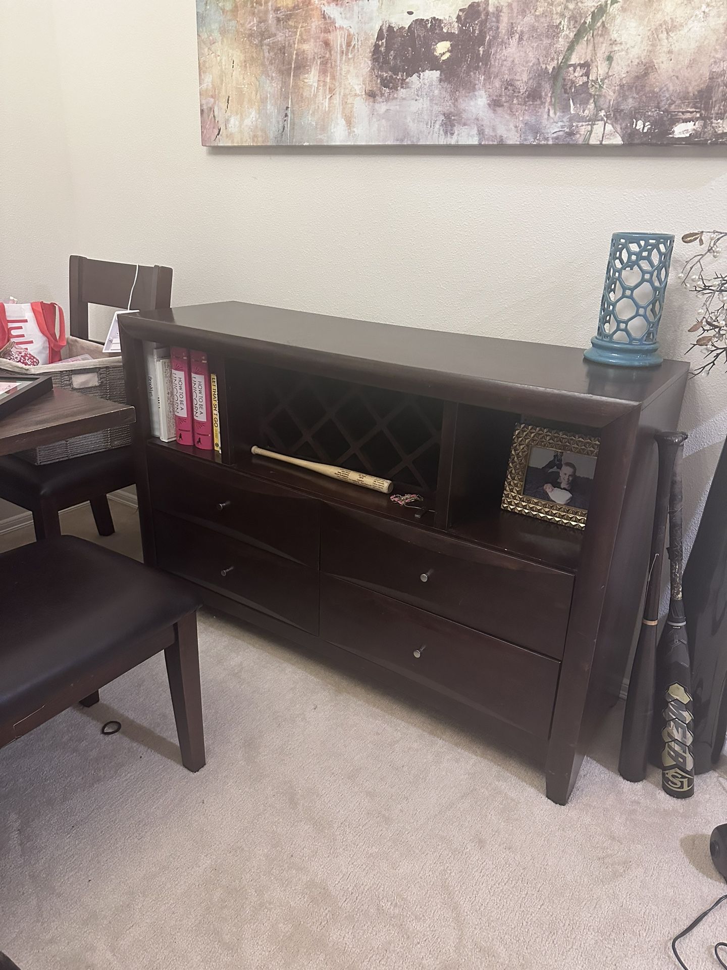 Credenza Table With Drawers And Wine Rack.
