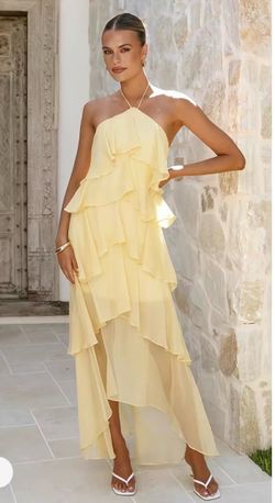 New without Tag, MEDIUM Yellow ruffle maxi dress with asymmetrical hem