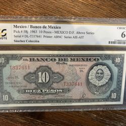 1963 Mexico 10 Pesos PCGS Choice UNC 64 Certified Banknote