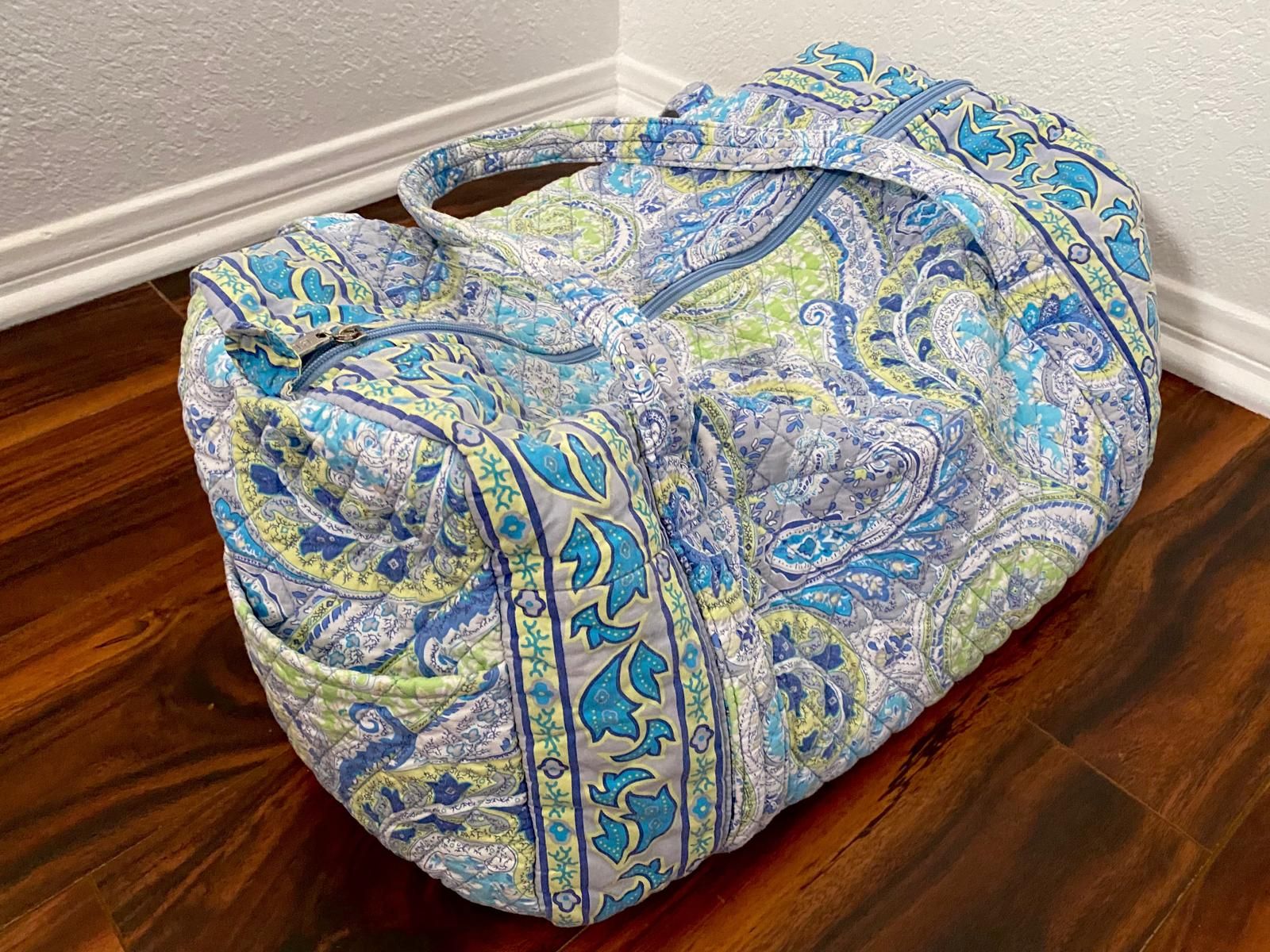 Travel Duffle Bag with a Light Blue and Green Paisley Pattern in Quilted Cotton
