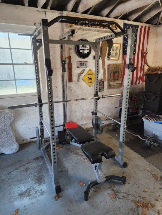 Weight Bench, Squat Rack, Pulley System With Accessories And Plates
