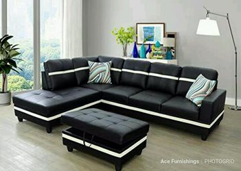Brand New Black Leather Sectional With Storage Ottoman & 2 Decorative Pillows