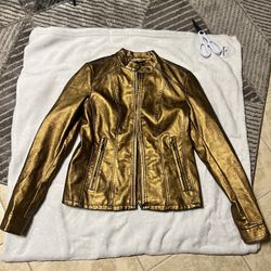 Gold Metallic Leather Jacket 2000s Size S
