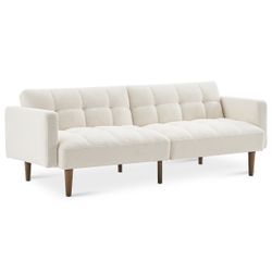 NS2102-A-PWBC Aaron Small Futon Sofa Bed, Pearl White 76.8" Couch, Mid Century Modern Futon Couch, Sleeper, Loveseat, Sofa Cama, Couches for Living Ro