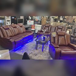 3PC Power recliner sofa set Brown Breathing leather with LED USB 2 Wireless charging stations