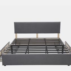 Open box-King Size Fabric Grey Bed Frame with Headboard Platform Bedframe with 4 Drawers