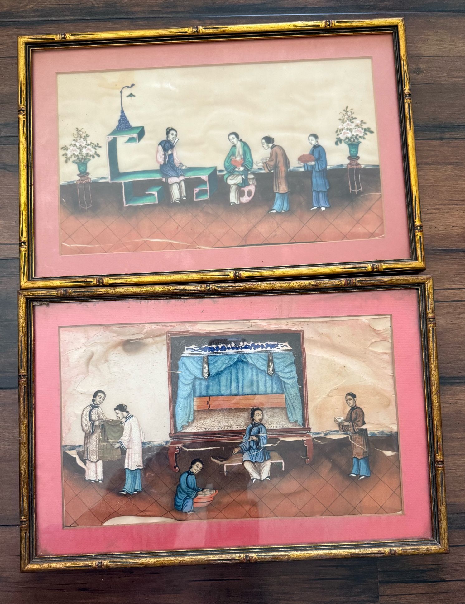 Lot of Two Framed Antique Chinese Pith Painting - Family Scenes