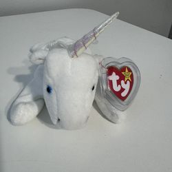 Vintage Mystic white unicorn Ty beanie baby with white yarn mane and tail