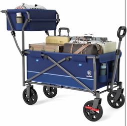 EVER ADVANCED Collapsible Shopping Wagon with Wheels & Brakes, Foldable Push Pull Utility Cart with Basket, Side Pockets & Cup Holders for Groceries, 