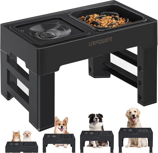 URPOWER 2-in-1 Elevated Slow Feeder Dog Bowls with No Spill Dog Water Bowl 4 Height Adjustable Raised Dog Bowl Non-Slip Dog Food and Water Bowls with