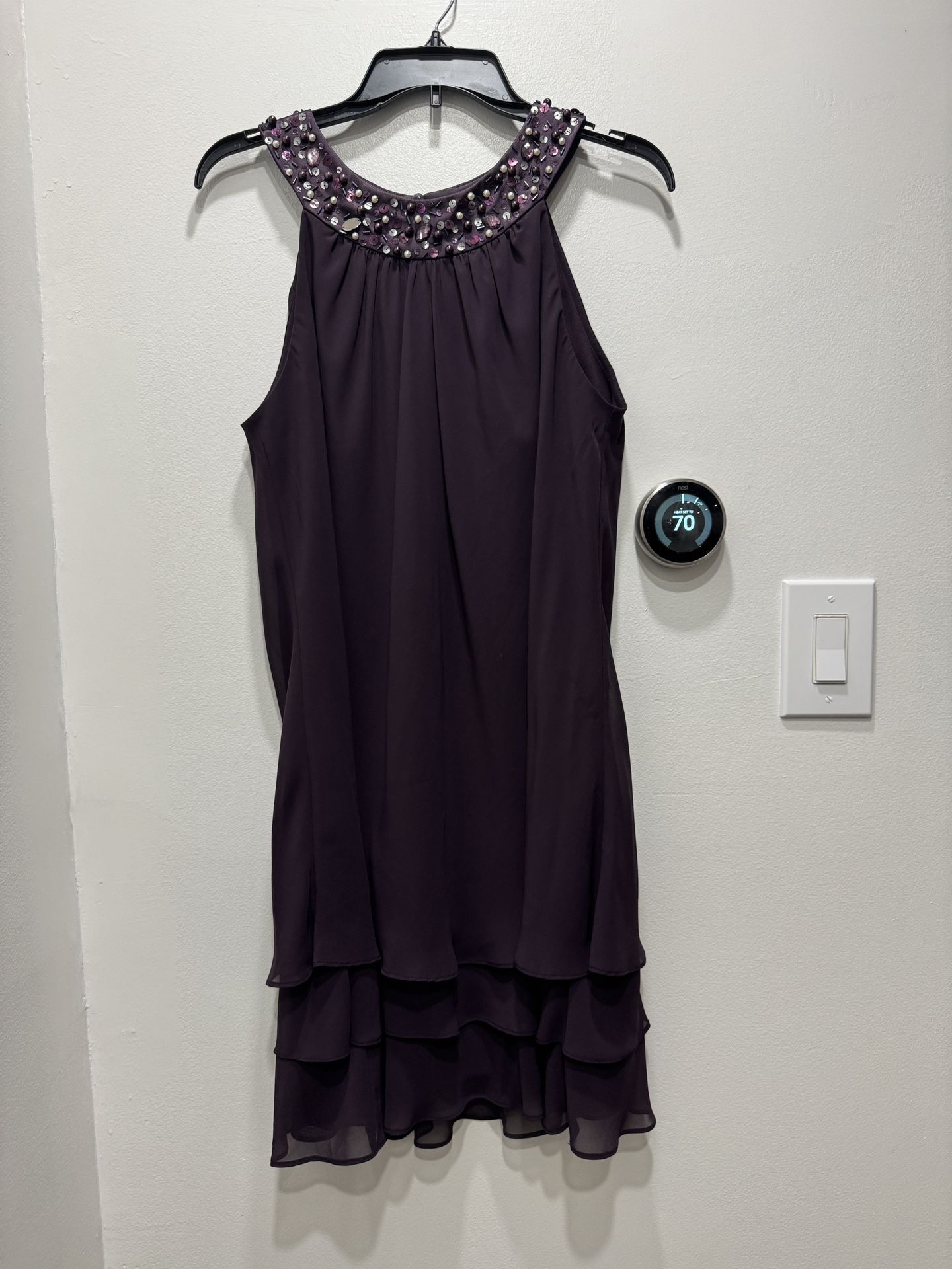 S.L. Fashions Beaded Halter Dress - Petite Size 12P - Purple/Plum Tiered Skirt